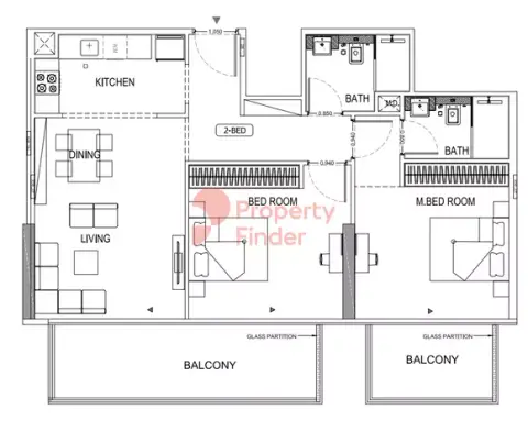 Plattegrond van 2 slaapkamers in Binghatti Lavender
