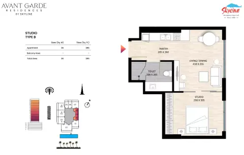 Plattegrond van Studio in Avant Garde Residences