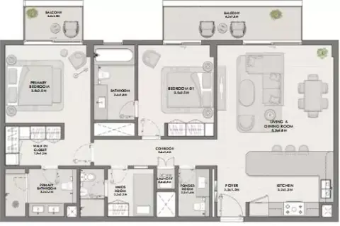 Plattegrond van 2 slaapkamers in Elara