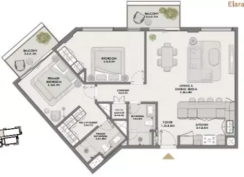 Plattegrond van 2 slaapkamers in Elara
