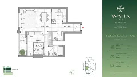 Plattegrond van 1 slaapkamer in Waha Living