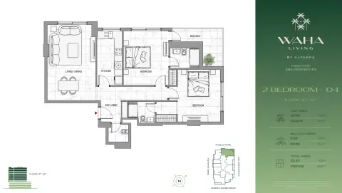 Plattegrond van 2 slaapkamers in Waha Living