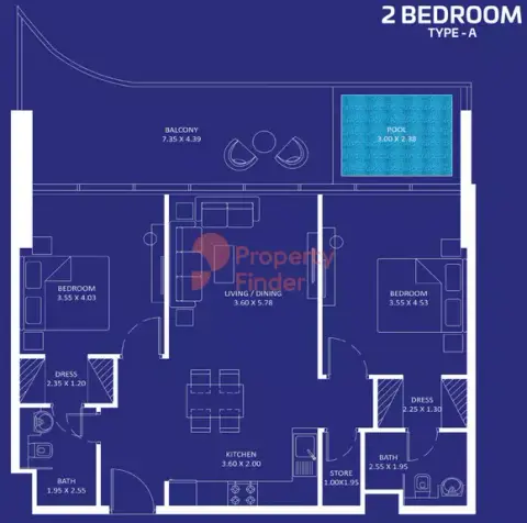Plattegrond van 2 slaapkamers in Oceanz Phase 3 By Danube