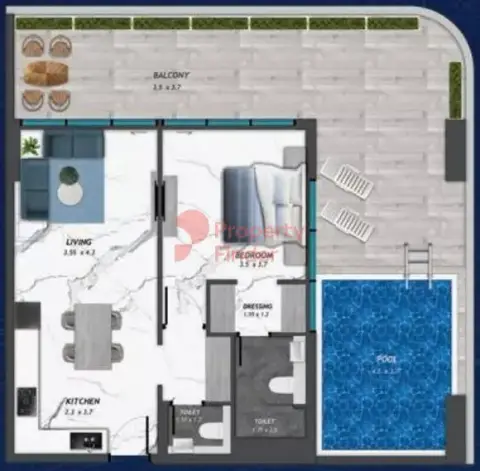 Plattegrond van 1 slaapkamer in Samana Skyros