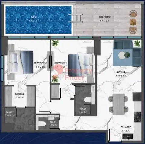 Plattegrond van 2 slaapkamers in Samana Skyros