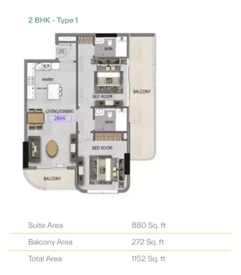 Plattegrond van 2 slaapkamers in Altia One