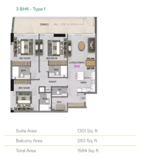 Plattegrond van 3 slaapkamers in Altia One