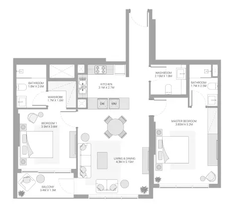 Plattegrond van 2 slaapkamers in A99
