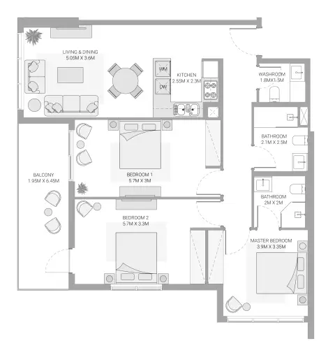 Plattegrond van 3 slaapkamers in A99