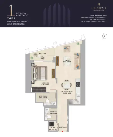 Plattegrond van 1 slaapkamer in The Mirage