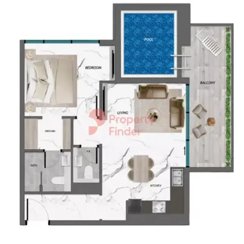Plattegrond van 1 slaapkamer in Samana Manhattan