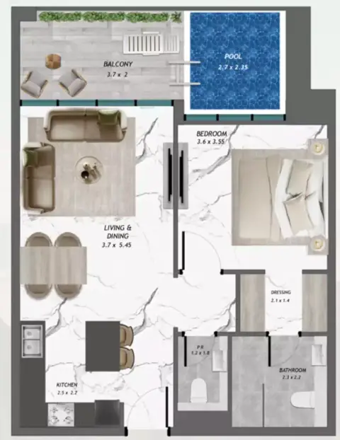 Plattegrond van 1 slaapkamer in Samana Manhattan