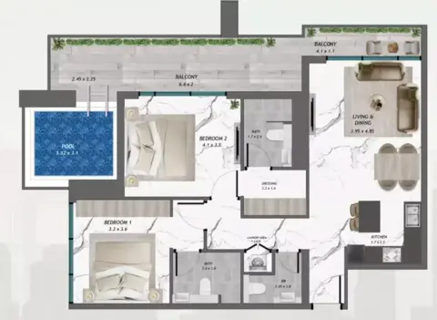Plattegrond van 2 slaapkamers in Samana Manhattan