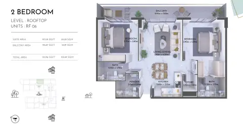 Plattegrond van 2 slaapkamers in Olivia Residences