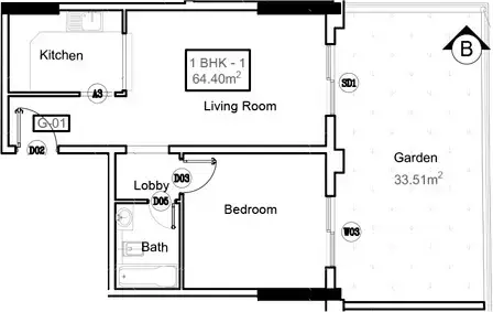 Plattegrond van 1 slaapkamer in Moonsa Residences By Dugasta