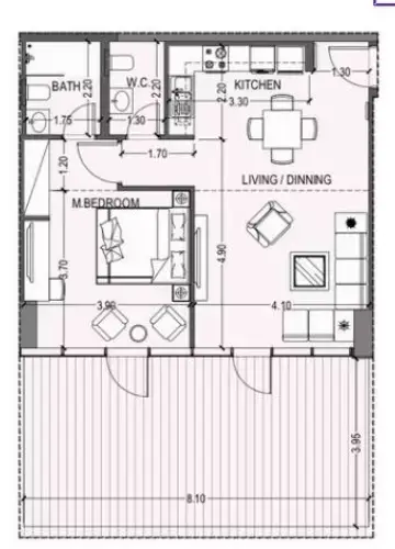 Plattegrond van 1 slaapkamer in Violet Tower
