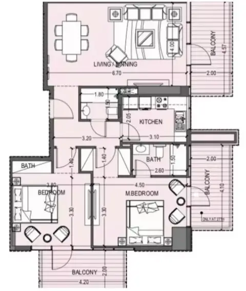 Plattegrond van 2 slaapkamers in Violet Tower