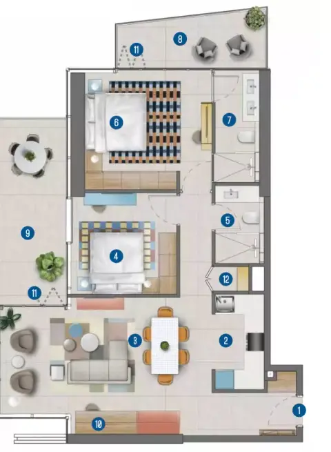 Plattegrond van 2 slaapkamers in Rove Home By IRTH