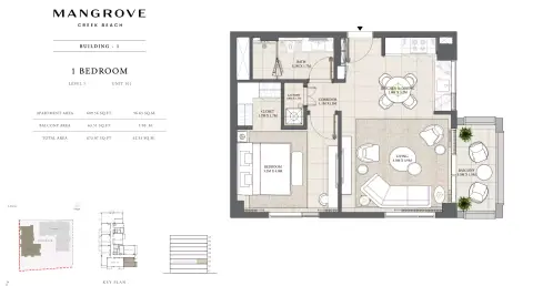 Plattegrond van 1 slaapkamer in Mangrove By Emaar