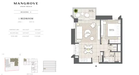 Plattegrond van 1 slaapkamer in Mangrove By Emaar