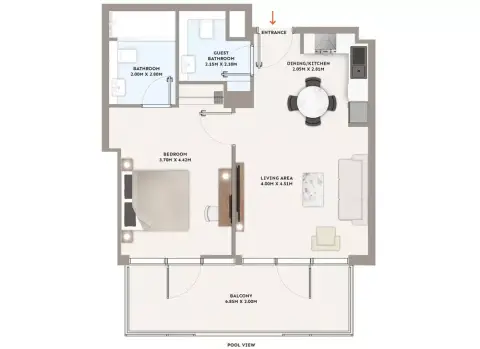 Plattegrond van 1 slaapkamer in PG One Apartments