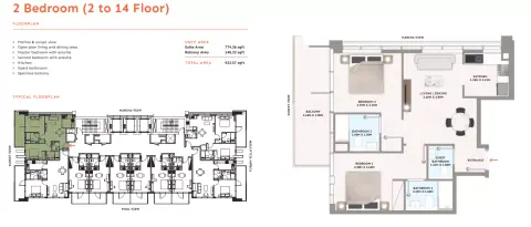 Plattegrond van 2 slaapkamers in PG One Apartments