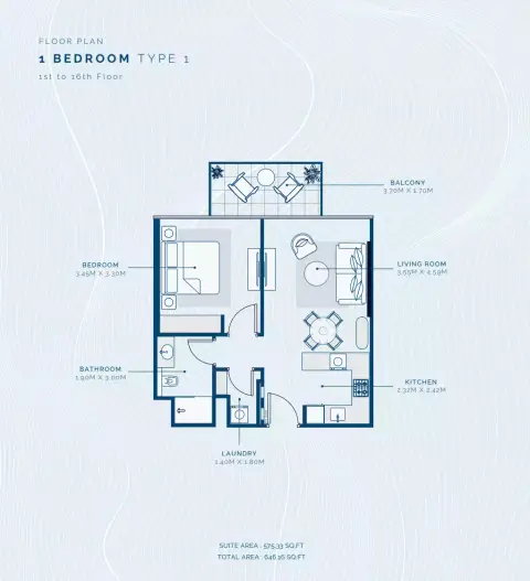 Plattegrond van 1 slaapkamer in Azizi Venice