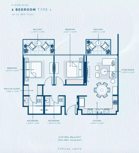 Plattegrond van 2 slaapkamers in Azizi Venice