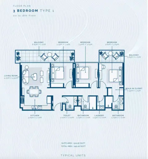 Plattegrond van 3 slaapkamers in Azizi Venice