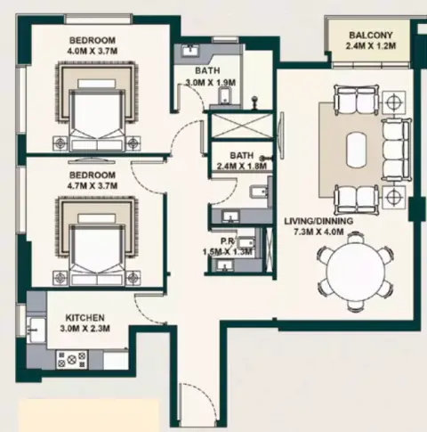 Plattegrond van 2 slaapkamers in Exotica by Al Marina