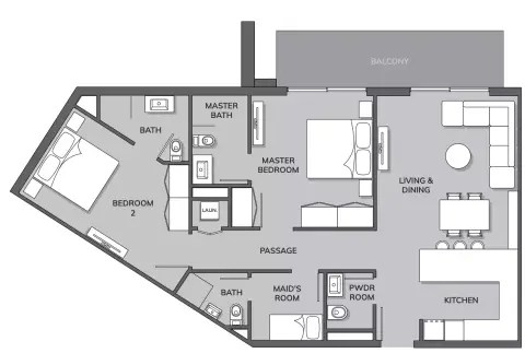 Plattegrond van 2 slaapkamers in The Residence By Prestige One