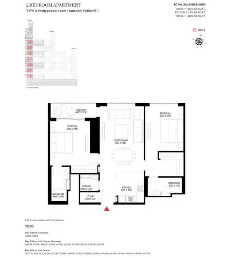 Plattegrond van 2 slaapkamers in Sobha One