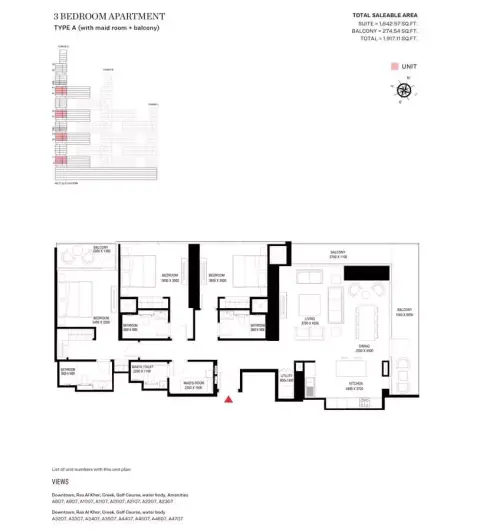 Plattegrond van 3 slaapkamers in Sobha One