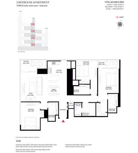 Plattegrond van 3 slaapkamers in Sobha One