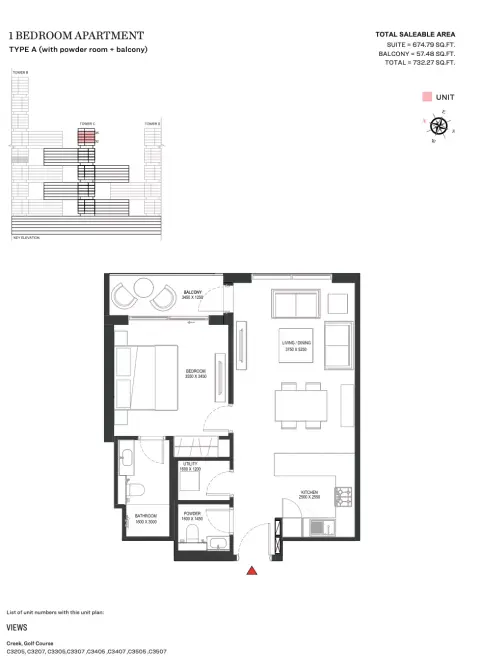 Plattegrond van 1 slaapkamer in Sobha One
