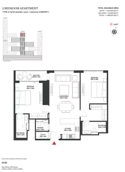 Plattegrond van 2 slaapkamers in Sobha One
