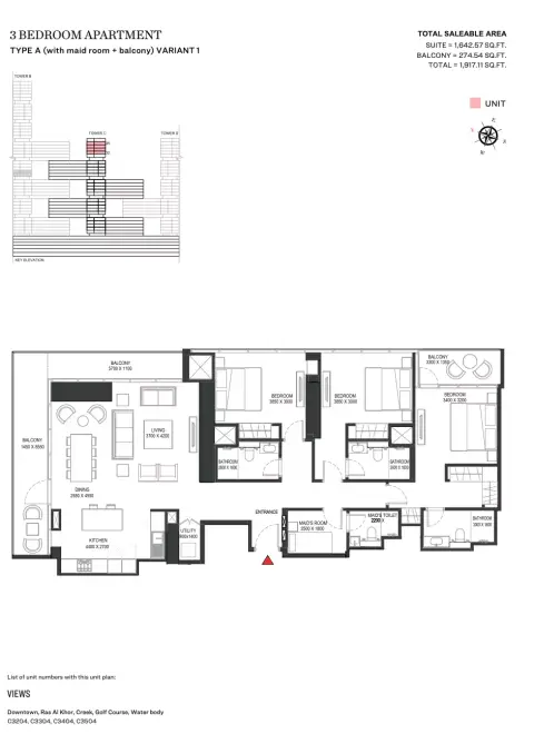 Plattegrond van 3 slaapkamers in Sobha One
