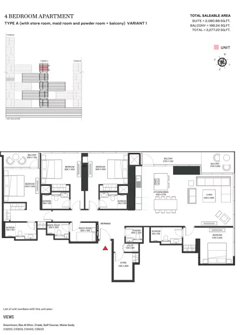 Plattegrond van 4 slaapkamers in Sobha One