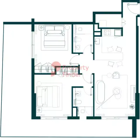 Plattegrond van 2 slaapkamers in Rise Residence