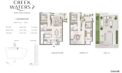 Plattegrond van 3 slaapkamers in Creek Waters Phase 2 By Emaar