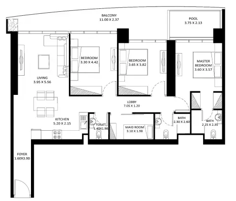 Plattegrond van 3 slaapkamers in Fashionz By Danube