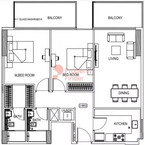 Plattegrond van 2 slaapkamers in Binghatti Orchid