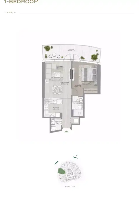 Plattegrond van 1 slaapkamer in Canal Crown