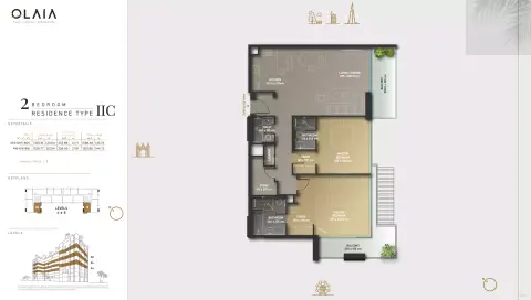 Plattegrond van 2 slaapkamers in Olaia Residences