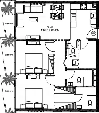 Plattegrond van 2 slaapkamers in Gateway