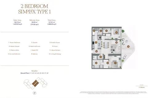 Plattegrond van 2 slaapkamers in SLS Residences Palm Jumeirah