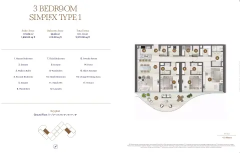 Plattegrond van 3 slaapkamers in SLS Residences Palm Jumeirah