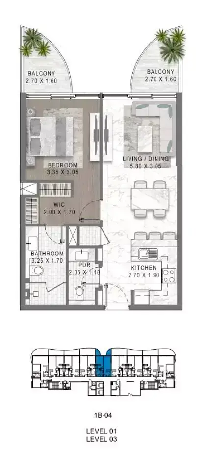 Plattegrond van 1 slaapkamer in Damac Lagoons - Lagoon Views 12