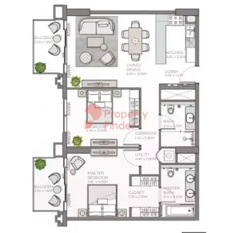 Plattegrond van 2 slaapkamers in Thyme Central Park