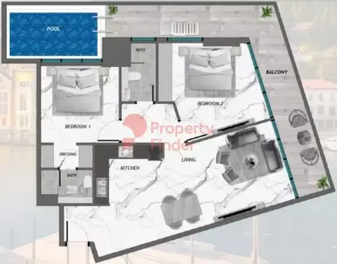 Plattegrond van 2 slaapkamers in Samana Portofino